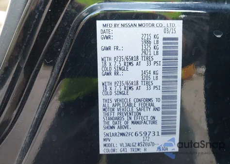 2015 Nissan Pathfinder Sl z USA, uszkodzony, nr VIN 5N1AR2MN2FC659731